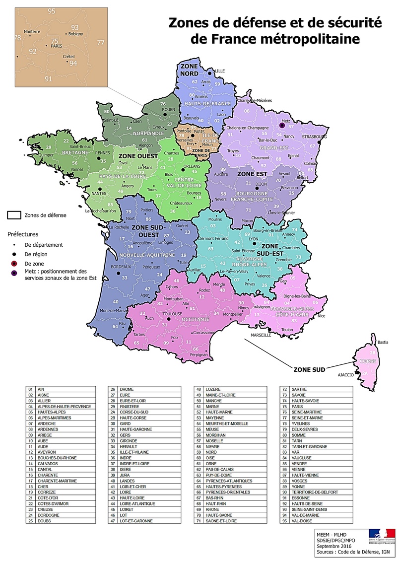 Carte des zones de défense et de sécurité de France métropolitaine