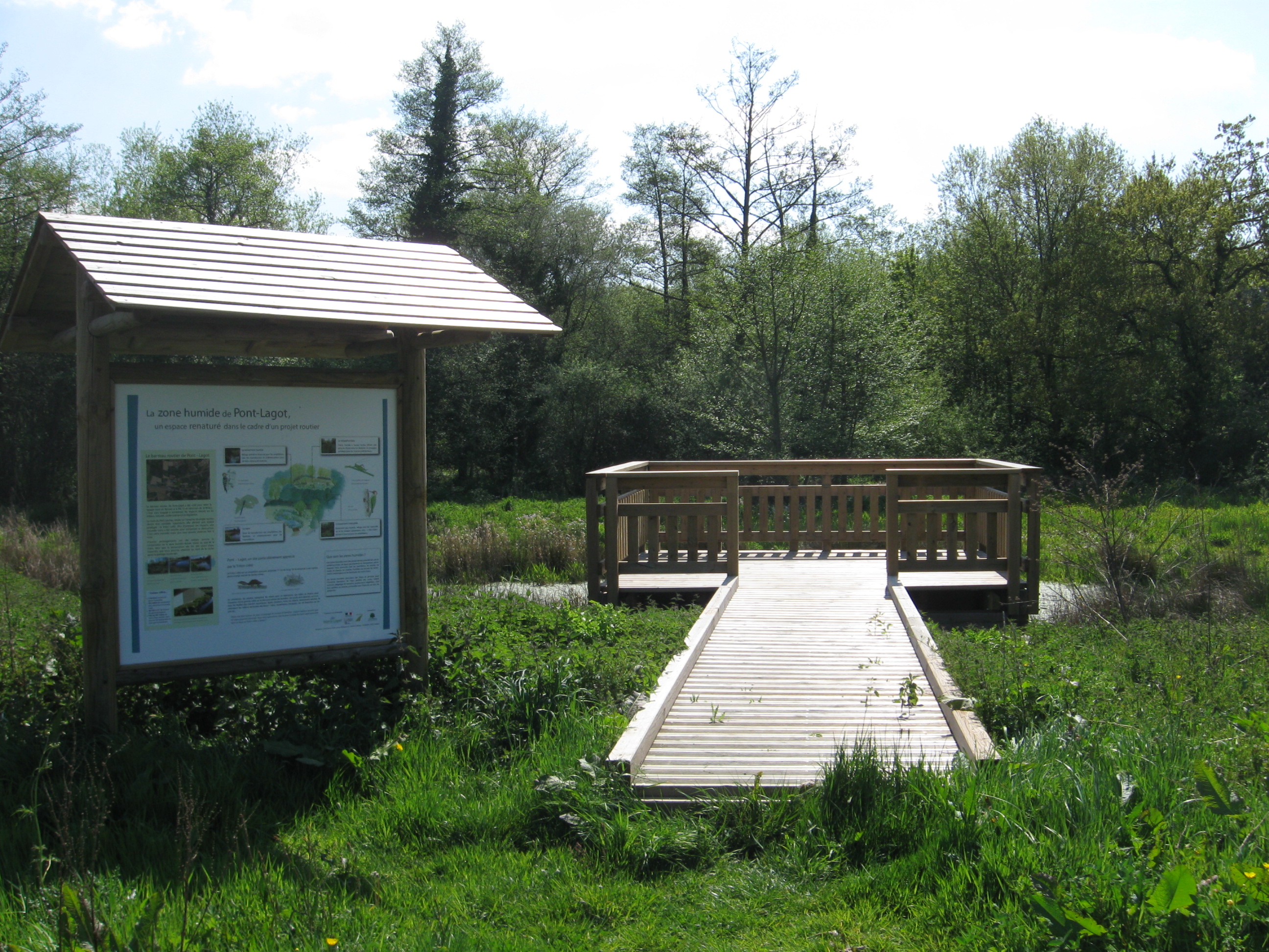 Zone humide : panneau d'information, passerelle et ponton d'observation