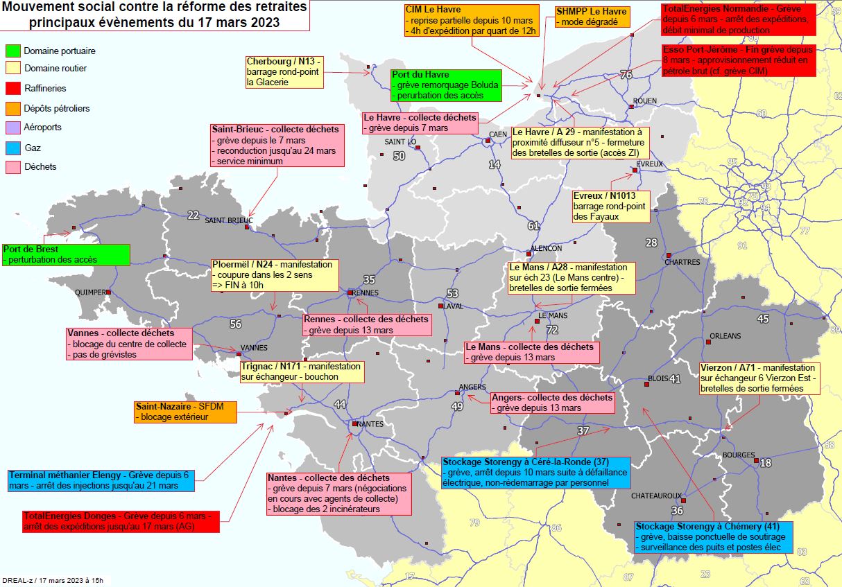Carte de suivi des mouvements sociaux du 17 mars 2023