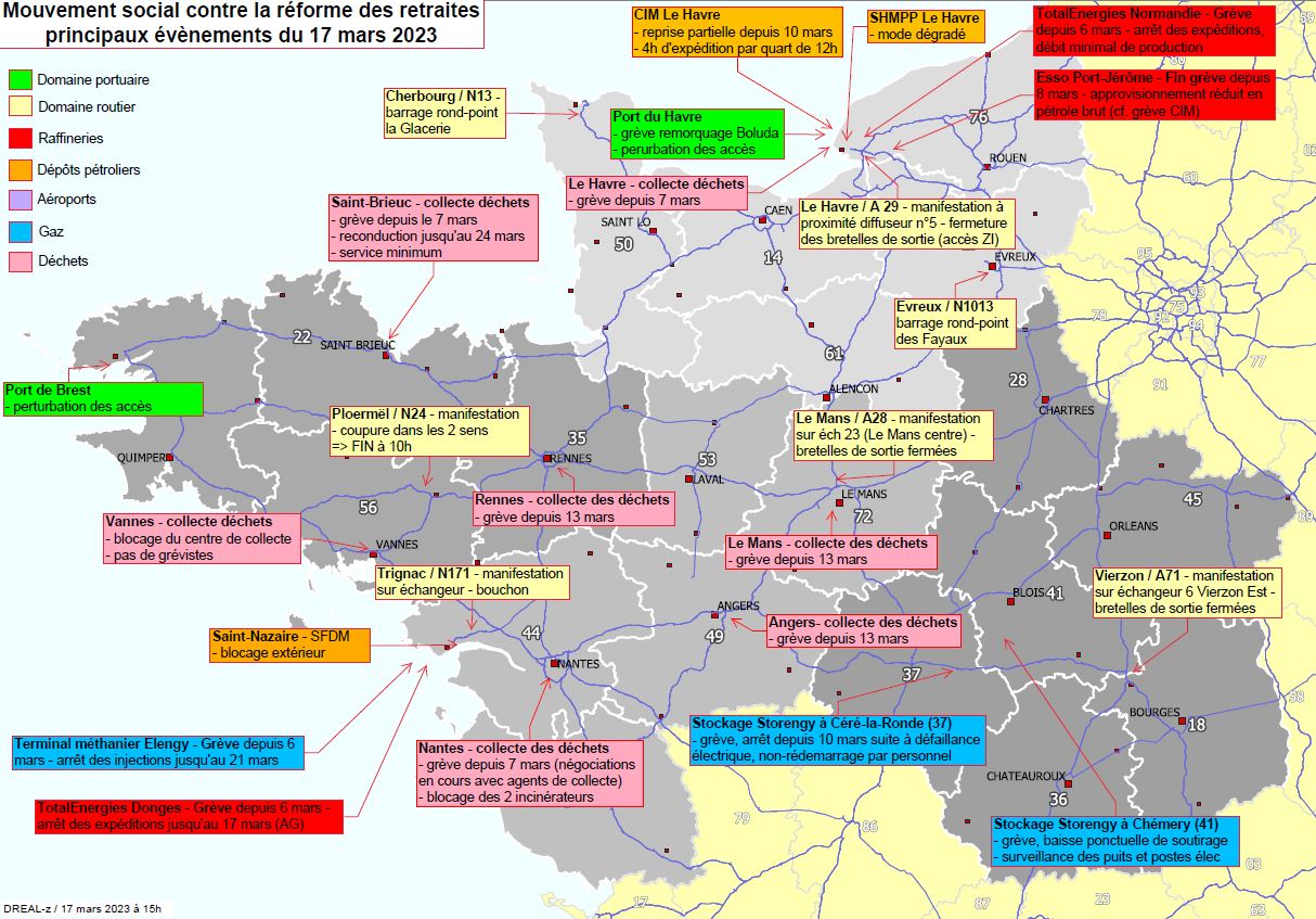 Carte de suivi des mouvements sociaux du 17 mars 2023