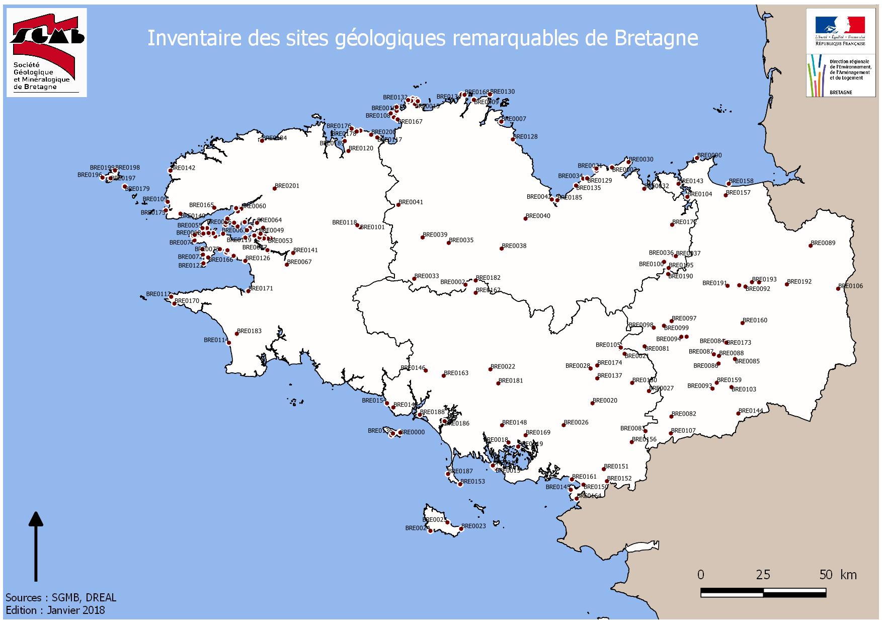 Carte des sites de l'inventaire national du patrimoine géologique en Bretagne