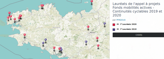 Cartographie des lauréats de l'appel à projets Fonds mobilités actives
