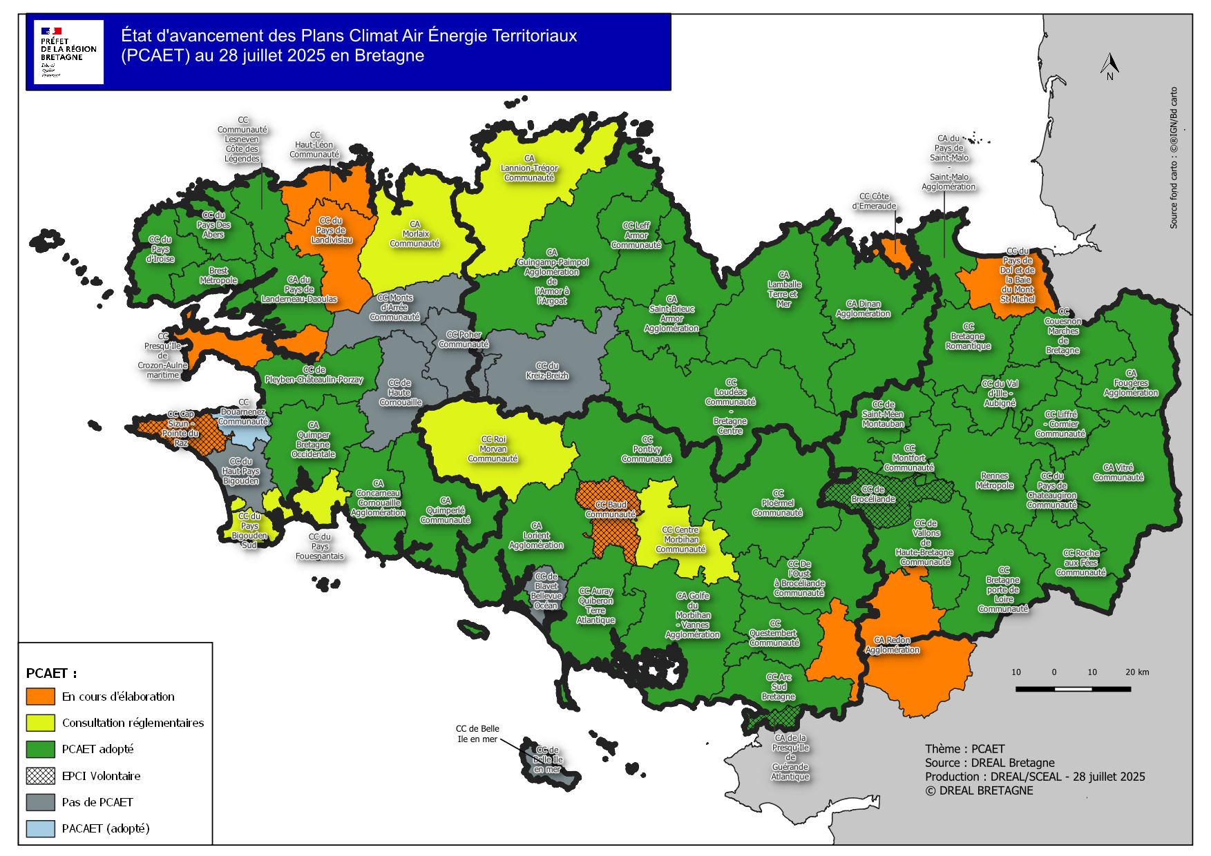 Carte démarche PCAET en Bretagne au 28 juillet 2025