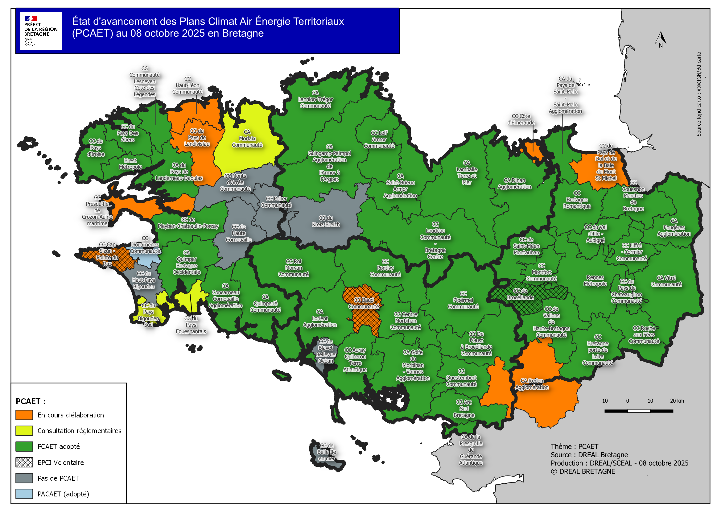 Etat d'avancement des démarches PCAET en Bretagne au 8 octobre 2025