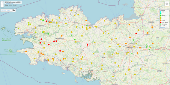 Carte des débits des cours d'eau au 8 mars 2023