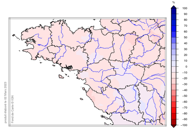 Ecart à la normale de l'indice d'humidité des sols - 1er mars 2023