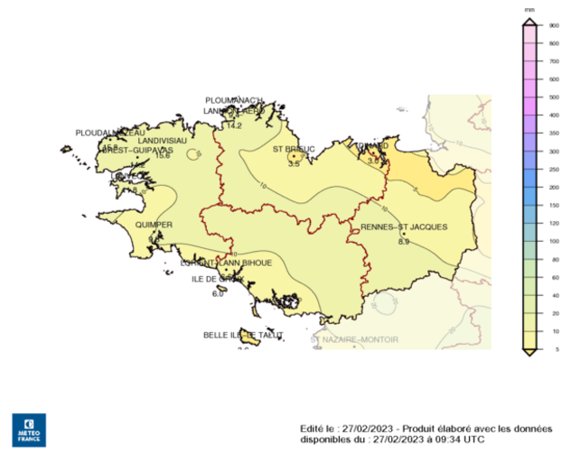 Cumul mensuel des précipitations – Bretagne – Février 2023