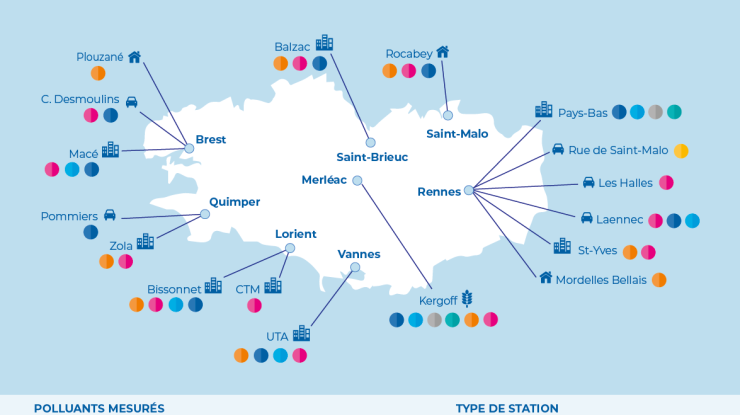 Carte des stations de mesure du réseau de surveillance Air Breizh au 1er janvier 2020